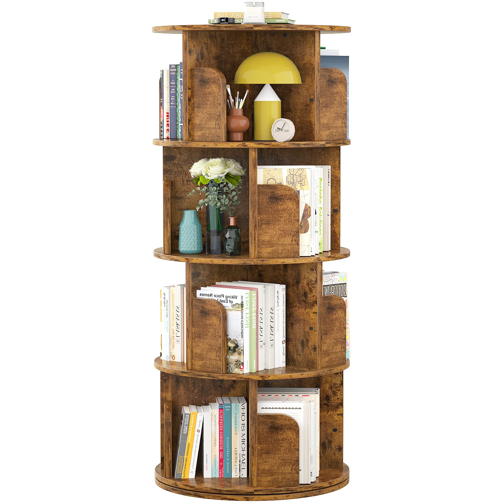 Aheaplus 360° Rotating Small Corner Bookshelf with 4 Tiers - Rustic Brown Sturdy Storage Rack for Limited Spaces - WoodArtSupply