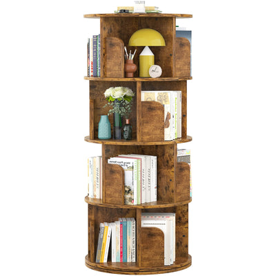 Aheaplus 360° Rotating Small Corner Bookshelf with 4 Tiers - Rustic Brown Sturdy Storage Rack for Limited Spaces