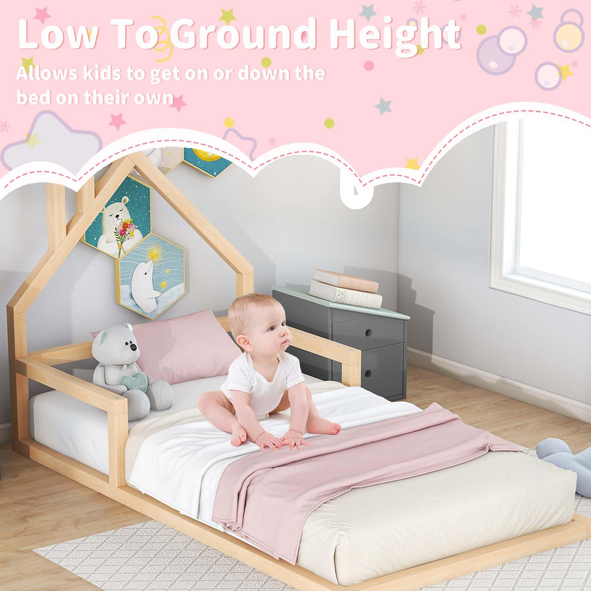 Bellemave Twin Size Montessori Floor Bed with House-Shaped Headboard and Railings in Natural Finish Bellemave