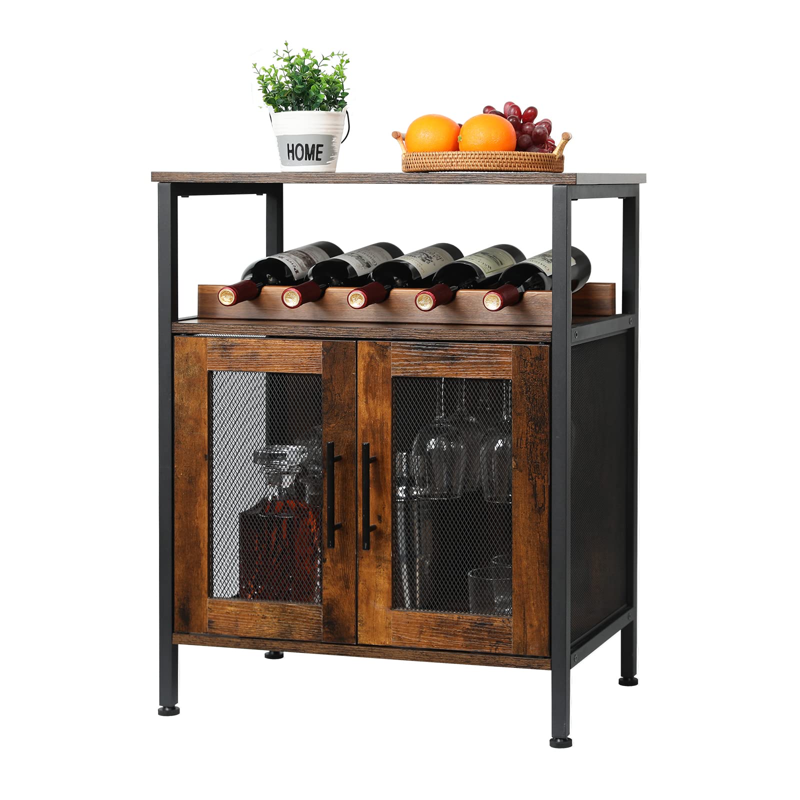 X-cosrack Wine Bar Rack Cabinet with Detachable Wine Rack, Coffee Bar Cabinet with Glass Holder, Small Sideboard and Buffet Cabinet with Mesh Door, Rustic Brown(Patent Pending) - WoodArtSupply