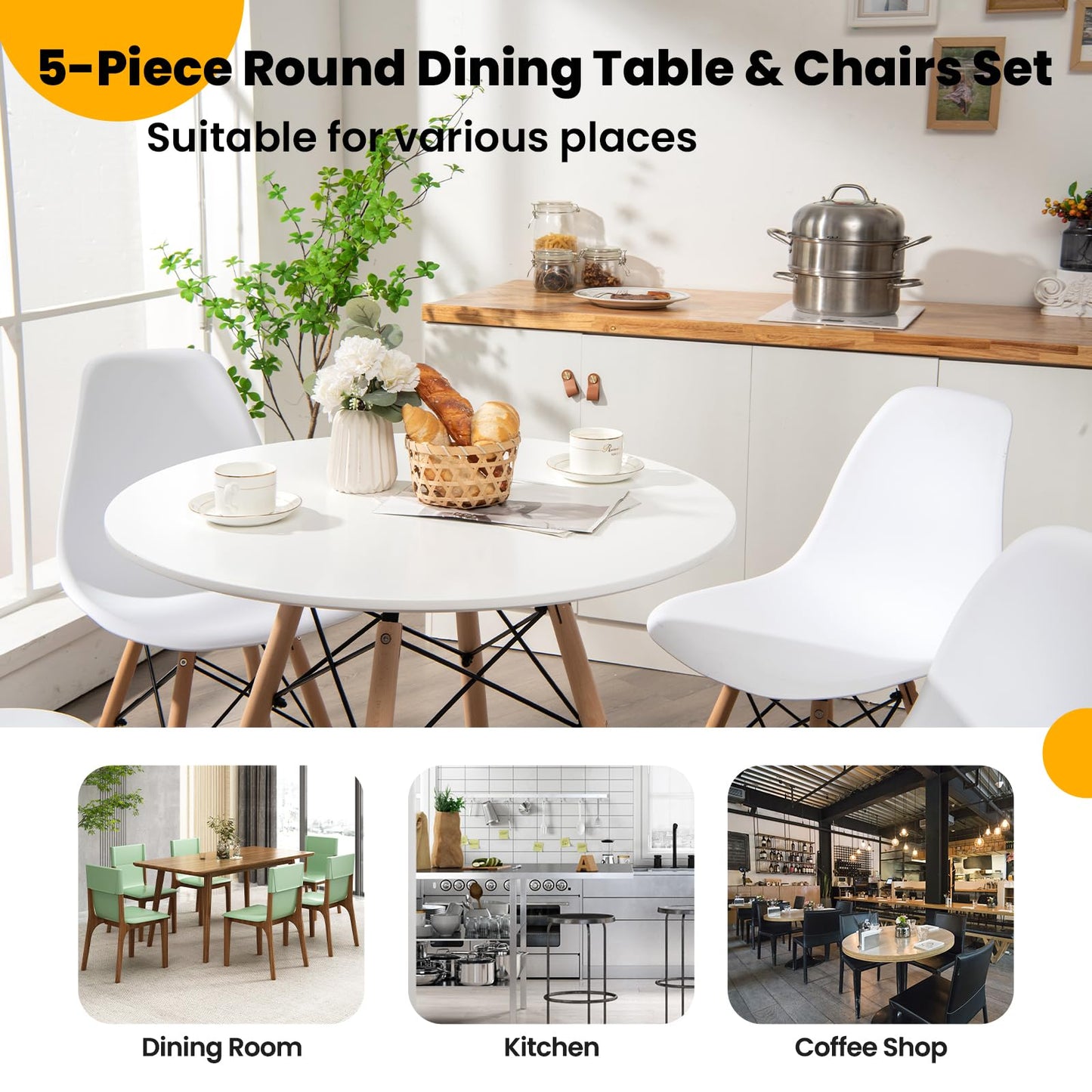 Tangkula Space-Saving Round Dining Table Set for 4 with Solid Wood Legs in White