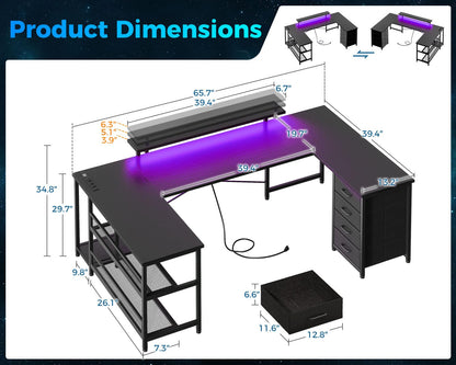 ODK U Shaped Desk with Power Outlets & LED Strip & Monitor Stand, 66" Reversible L Shaped Desk with Drawers and Storage Shelf, Home Office Gaming Desk, Black - WoodArtSupply