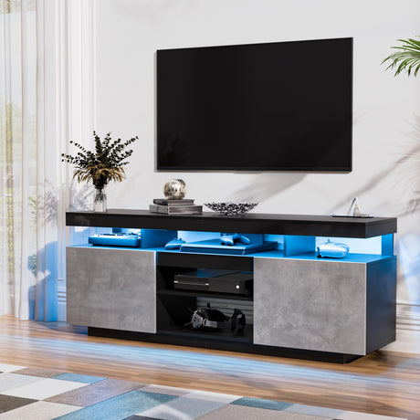 HOMMPA LED TV Stand with Power Outlets for 70/65/60/55 inch TV Modern Entertainment Center with Storage, Gaming TV Consoles with LED Lights Game Cabinet for Living Room Grey& Black HOMMPA