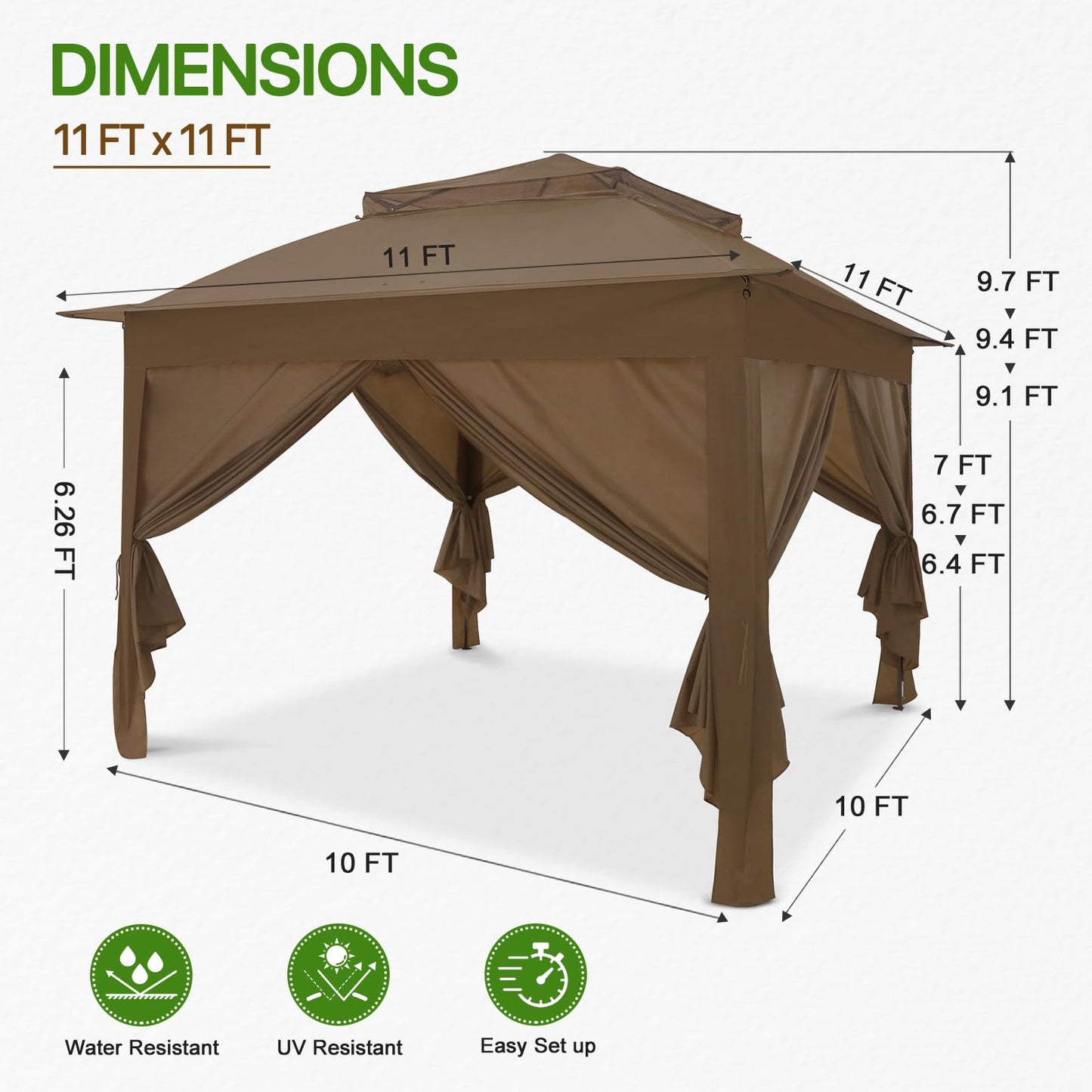 COOS BAY 11x11 Pop-up Instant Gazebo Tent with 4 Sidewalls Outdoor Canopy Shelter with Carry Bag, Stakes and Ropes, Brown - WoodArtSupply