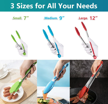 Kitchen Tongs Set of 3, Cooking Tongs with Silicone Tips, Stainless Steel Buffet Tongs, Non-Stick Non-Scratch Heat Resistant Tongs for Grilling Cooking BBQ Salad Serving (Multicolor, 7/9/12 Inch)