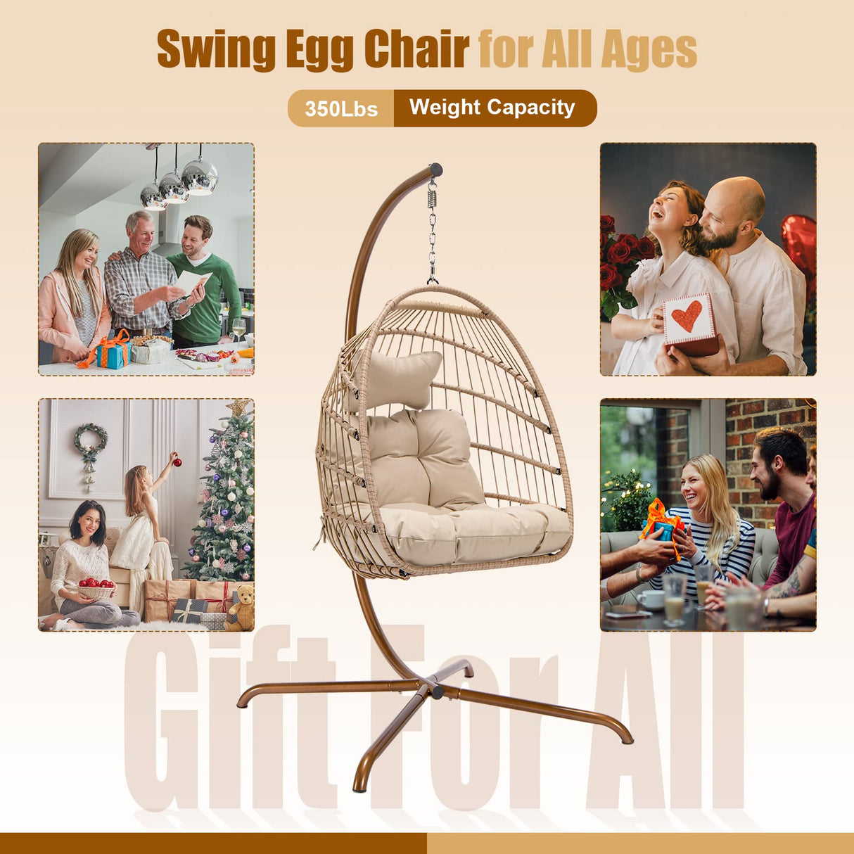 NICESOUL® Swing Egg Chair with Stand Indoor Outdoor Wicker Rattan Patio Basket Hanging Chair with UV Resistant Cushions 350lbs Capacity for Bedroom Balcony Patio (Cream) NICESOUL
