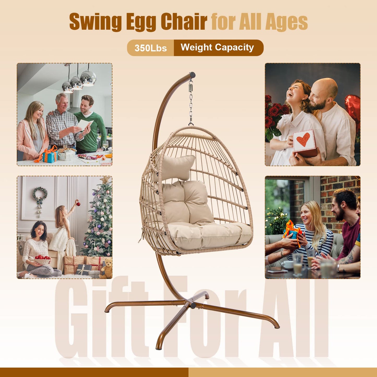 NICESOUL® Swing Egg Chair with Stand Indoor Outdoor Wicker Rattan Patio Basket Hanging Chair with UV Resistant Cushions 350lbs Capacity for Bedroom Balcony Patio (Cream)