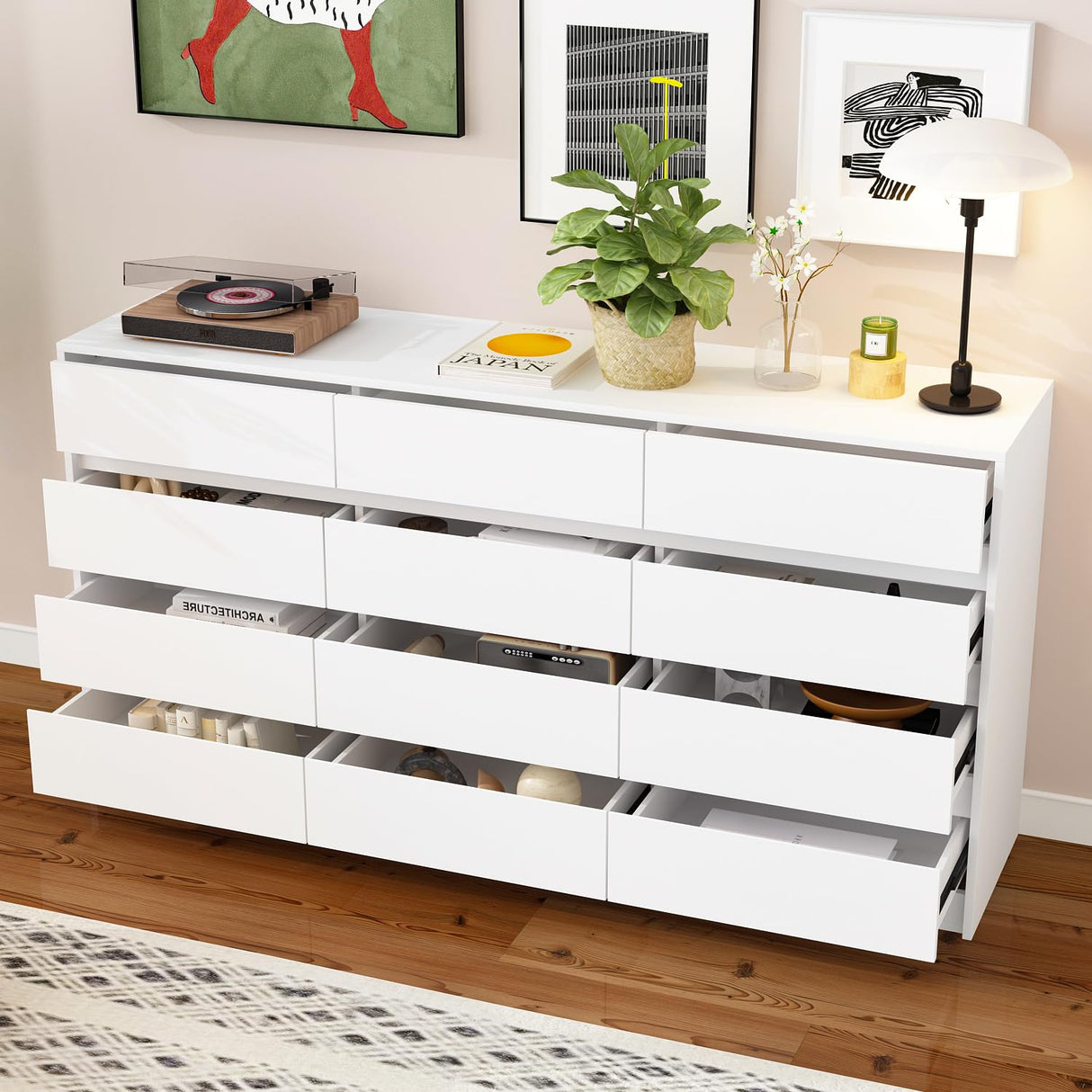 Homsee 12 Drawers Double Dresser, Modern Wood Dresser Chest of Drawers with Large Storage Space for Bedroom, White (63”L x 15.7”W x 31.9”H) Homsee
