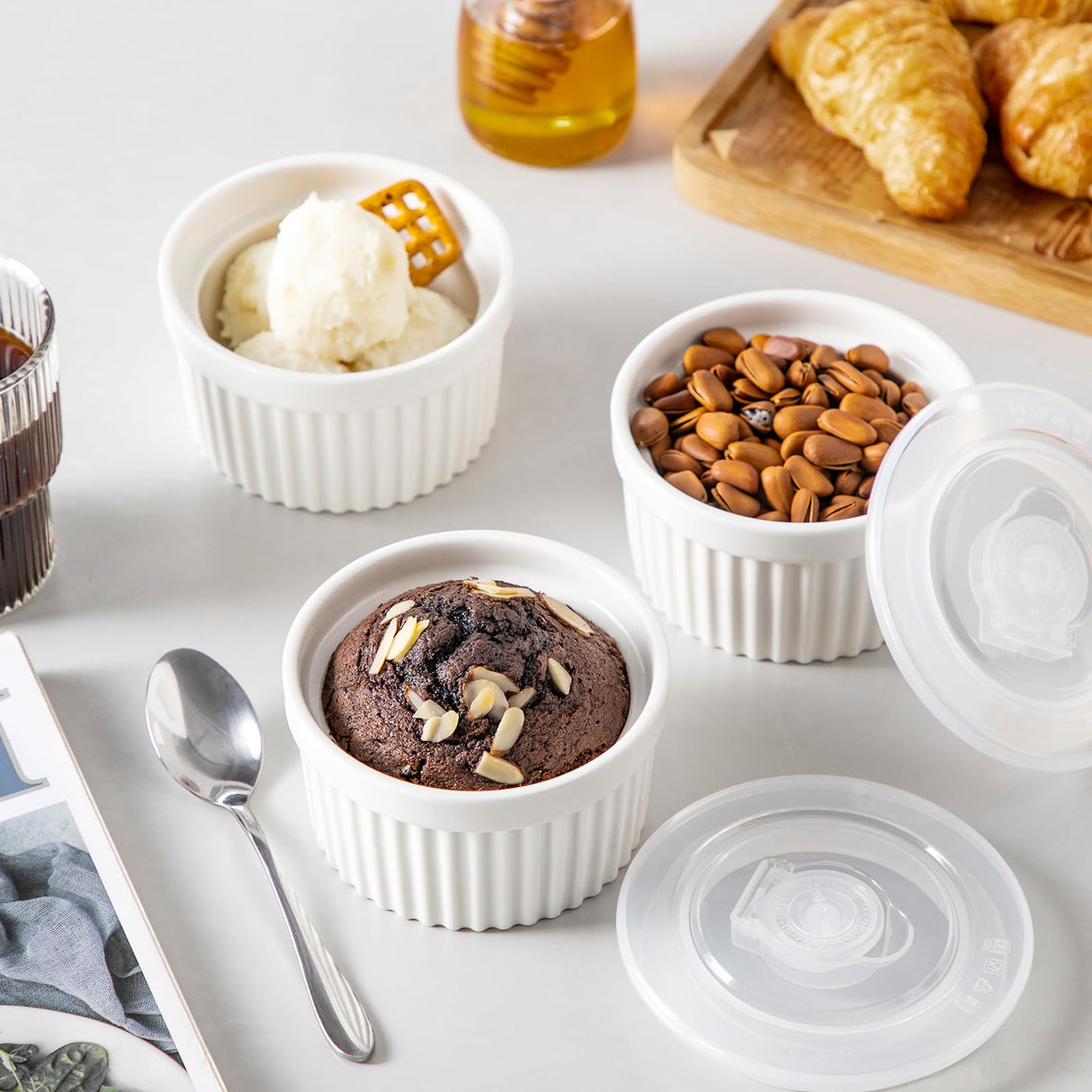 vancasso 8 oz Ramekins with Lid, Porcelain Creme Brulee Souffle Dishes, White Pudding Custard Cups Ramiken for Baking, Dishwasher and Oven Safe, Set of 6 vancasso