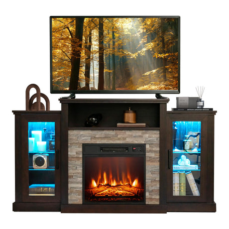 COSTWAY Electric Fireplace TV Stand for TVs Up to 65 Inches, 18-inch Fireplace Insert with APP Control, Remote Control, 16 Color Lights, Wooden Entertainment Center with Adjustable Shelves, Dark Brown COSTWAY