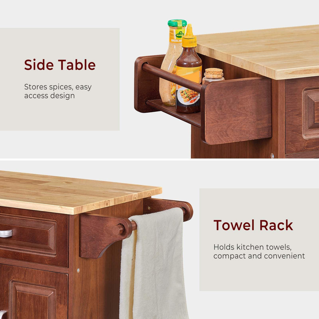 Lyromix 54" Rolling Kitchen Island on Wheels, Large Kitchen Island Cart with Storage Cabinet, Portable Wood Island Table for Kitchen with 2 Drawers and Spice Rack & Towel Rack, Rustic Brown Lyromix