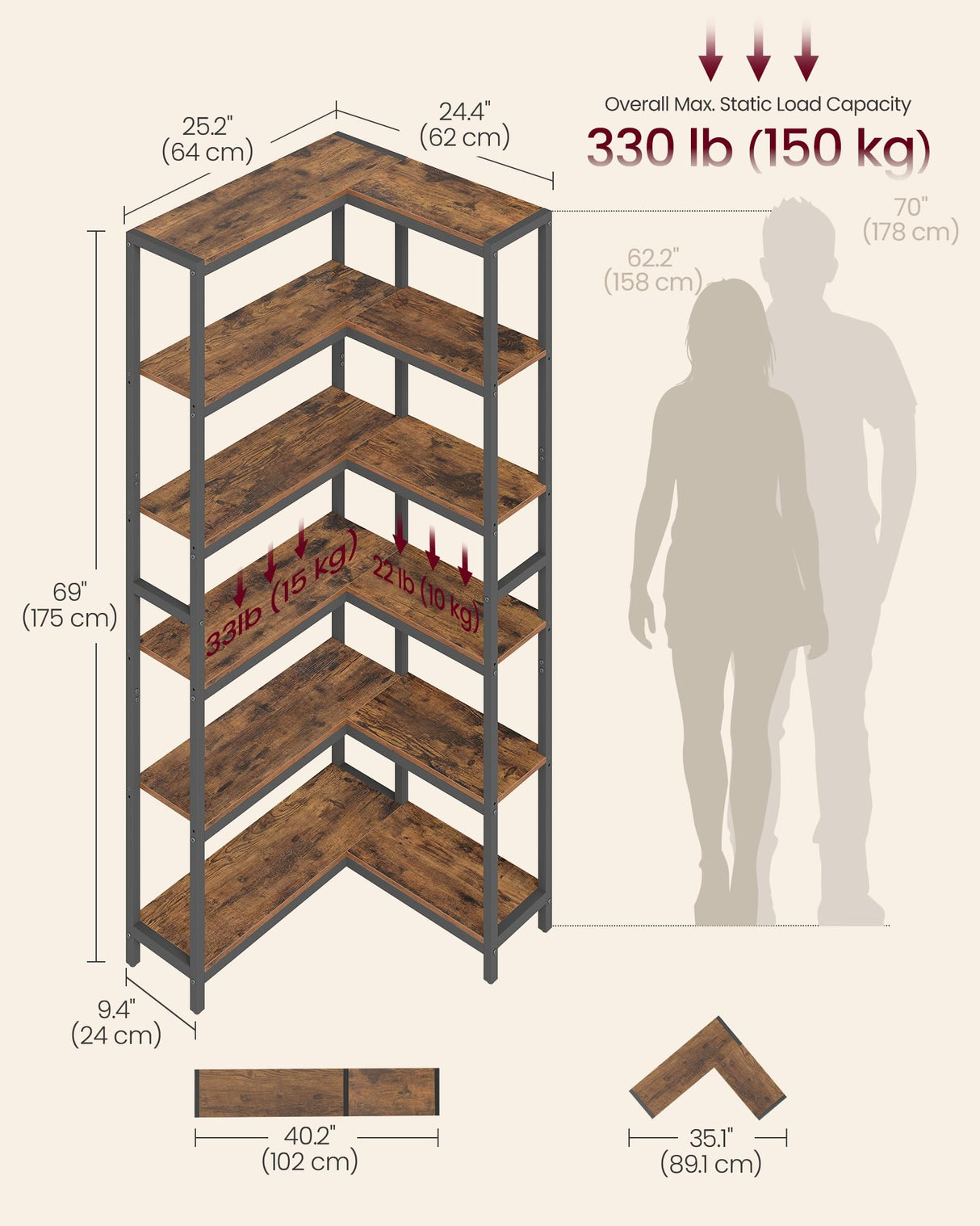 VASAGLE 6 Tier Bookshelf with Metal Frame, Convertible Industrial Corner Shelf, 9.4 x 40.2 x 69 Inches, for Living Room, Bedroom, Home Office, Rustic Brown and Ink Black ULLS606K01 VASAGLE