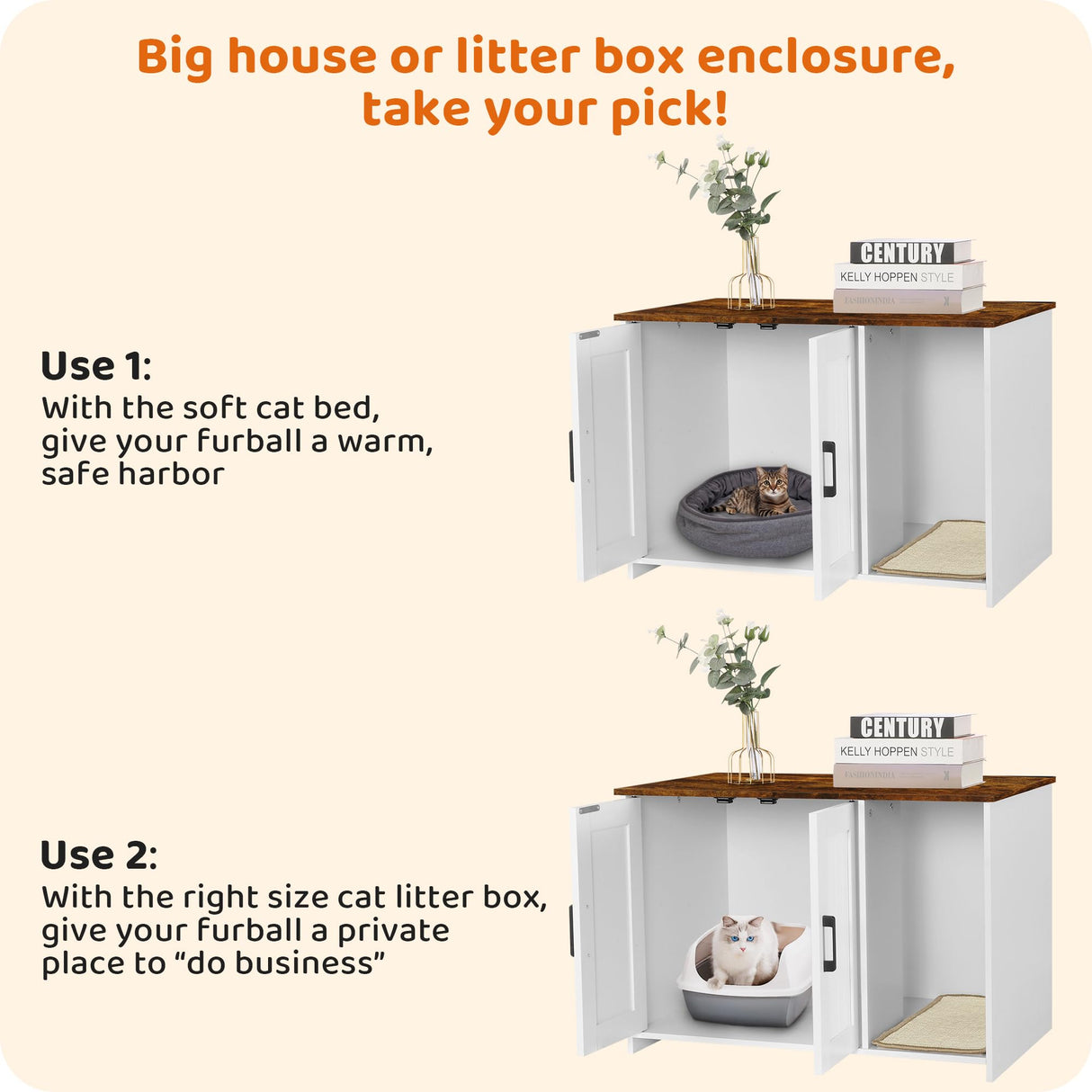 DWANTON Litter Box Enclosure, Cat Litter Box Furniture Hidden, with Scratching Mat, Wooden Cat Washroom Indoor, Fit Most of Litter Box, 31.5" L x 19.7" W x 21.7" H, White+Rustic Brown Dwanton