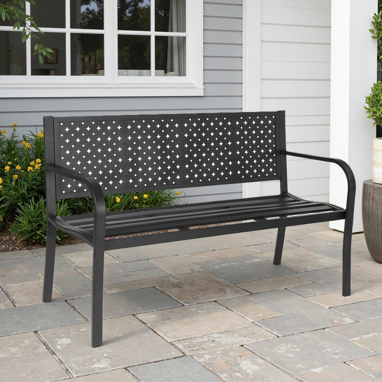 BODIOO Patio Metal Garden Bench Outdoor Park Benches, Iron Steel Frame Chair Mesh Pattern 500 lbs - Park Yard Front Porch Bench Path Yard Outside Lawn Decor Deck Furniture, Black BODIOO