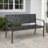BODIOO Patio Metal Garden Bench Outdoor Park Benches, Iron Steel Frame Chair Mesh Pattern 500 lbs - Park Yard Front Porch Bench Path Yard Outside Lawn Decor Deck Furniture, Black BODIOO