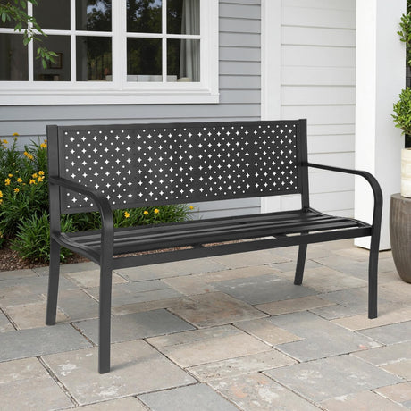BODIOO Patio Metal Garden Bench Outdoor Park Benches, Iron Steel Frame Chair Mesh Pattern 500 lbs - Park Yard Front Porch Bench Path Yard Outside Lawn Decor Deck Furniture, Black BODIOO