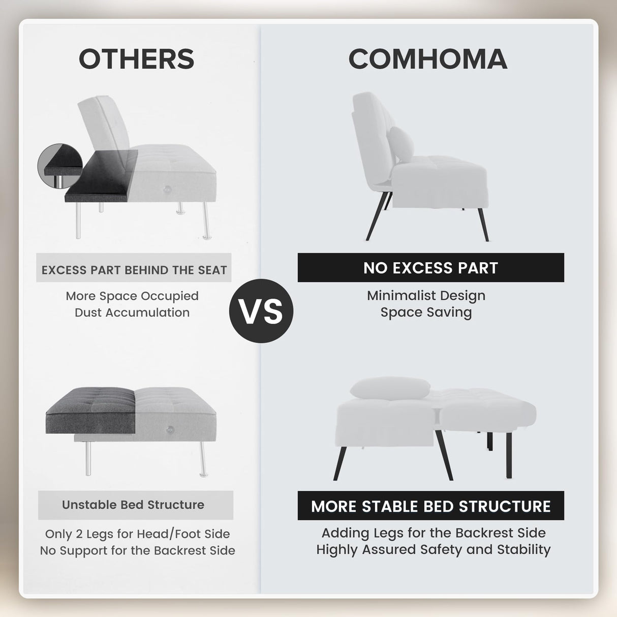 COMHOMA Convertible Futon Sofa Bed, 68" Corduroy Futon Couch with Adjustable Backrest, Folding Futon Loveseat for Living Room, Bedroom (Cream) COMHOMA