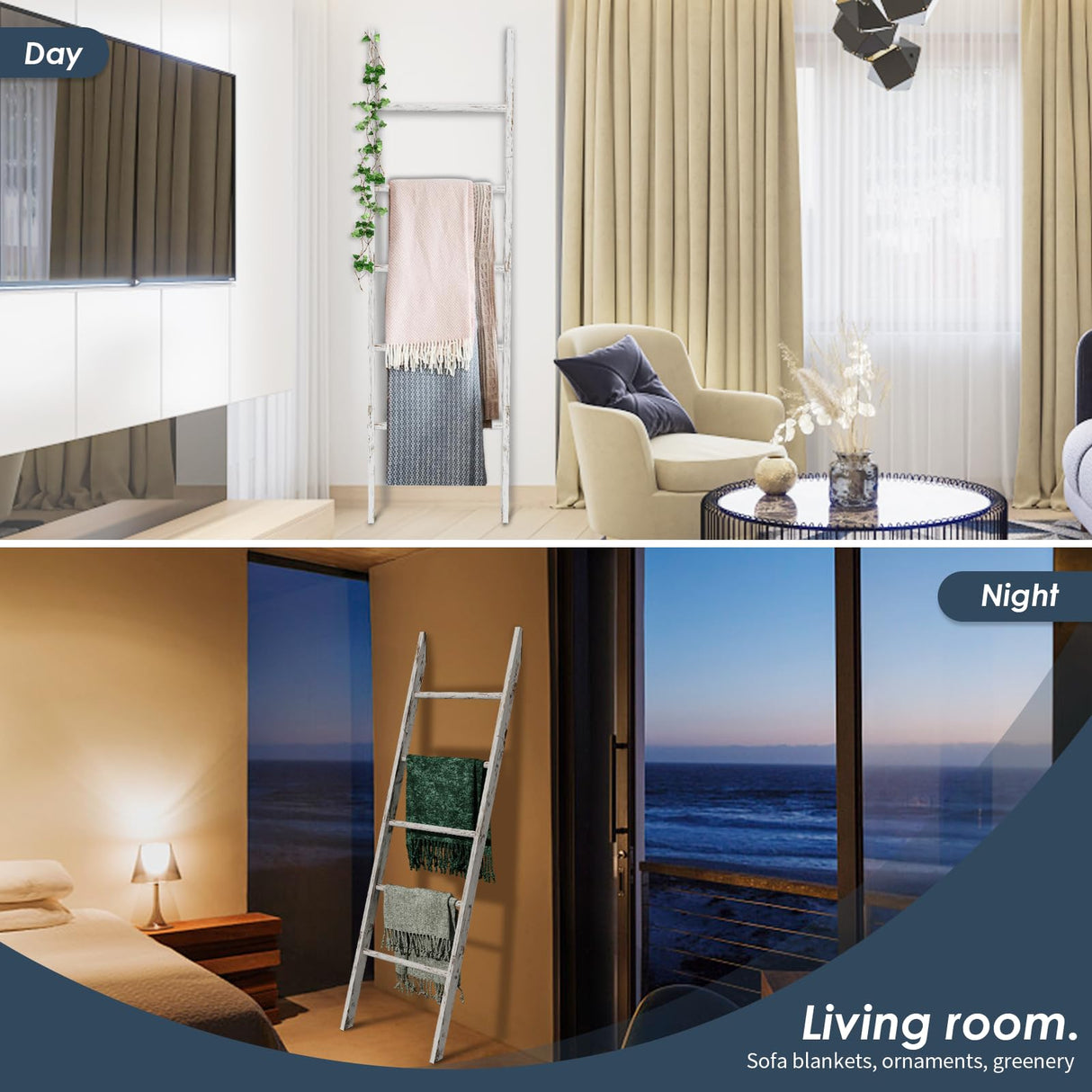 5-Tier Blanket Ladder Wooden, 5.3FT(63'') Blanket Quilt Holder Rack Decorative Ladder, Easy Assembly, Rustic Farmhouse Ladder Shelf for The Living Room Bedroom Bathroom Home Decor, White Wash Delywh