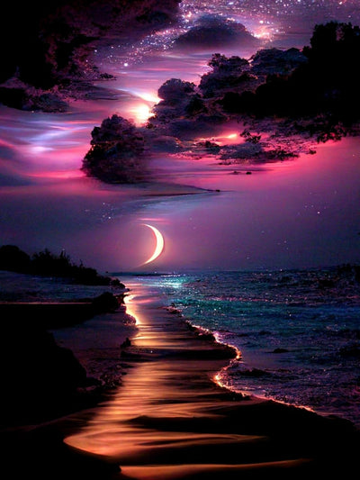Mosaflare Moonlight Diamond Art for Adults, 5D Beach Diamond Painting Kits for Beginners, DIY Landscape Full Round Drill Paint by Diamonds Dot Gem Art for Adults, Home Wall Decor 12x16 Inch
