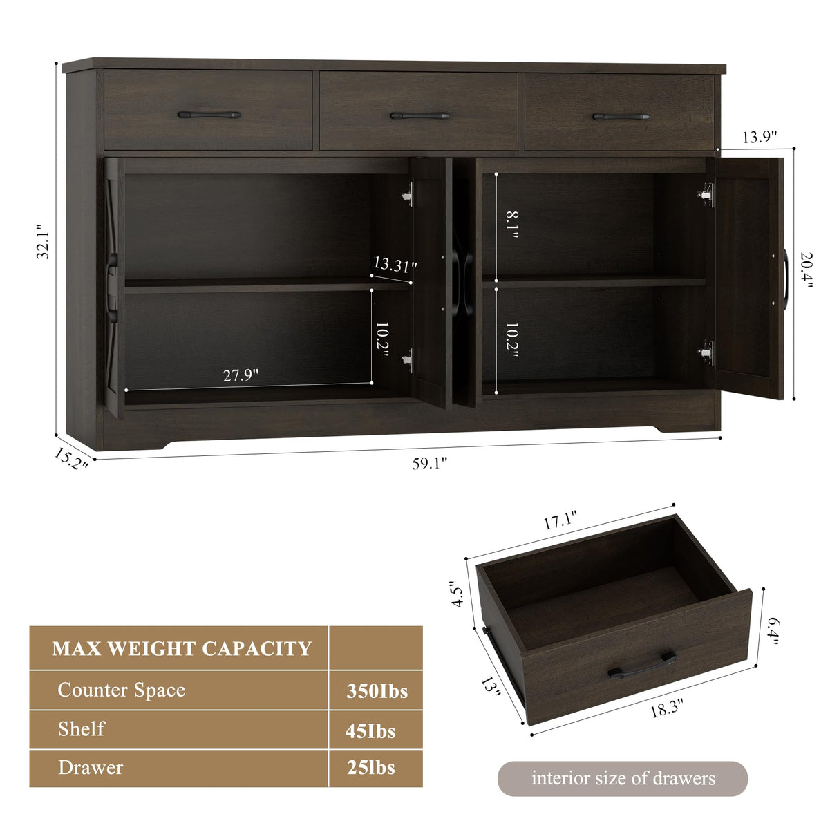 HOSTACK 59" Large Buffet Cabinet with Storage, Farmhouse Sideboard Buffet Cabinet with 3 Drawers, Wood Kitchen Coffee Bar with Doors and Shelves, Long Sideboard Table for Dining Room, Dark Brown HOSTACK