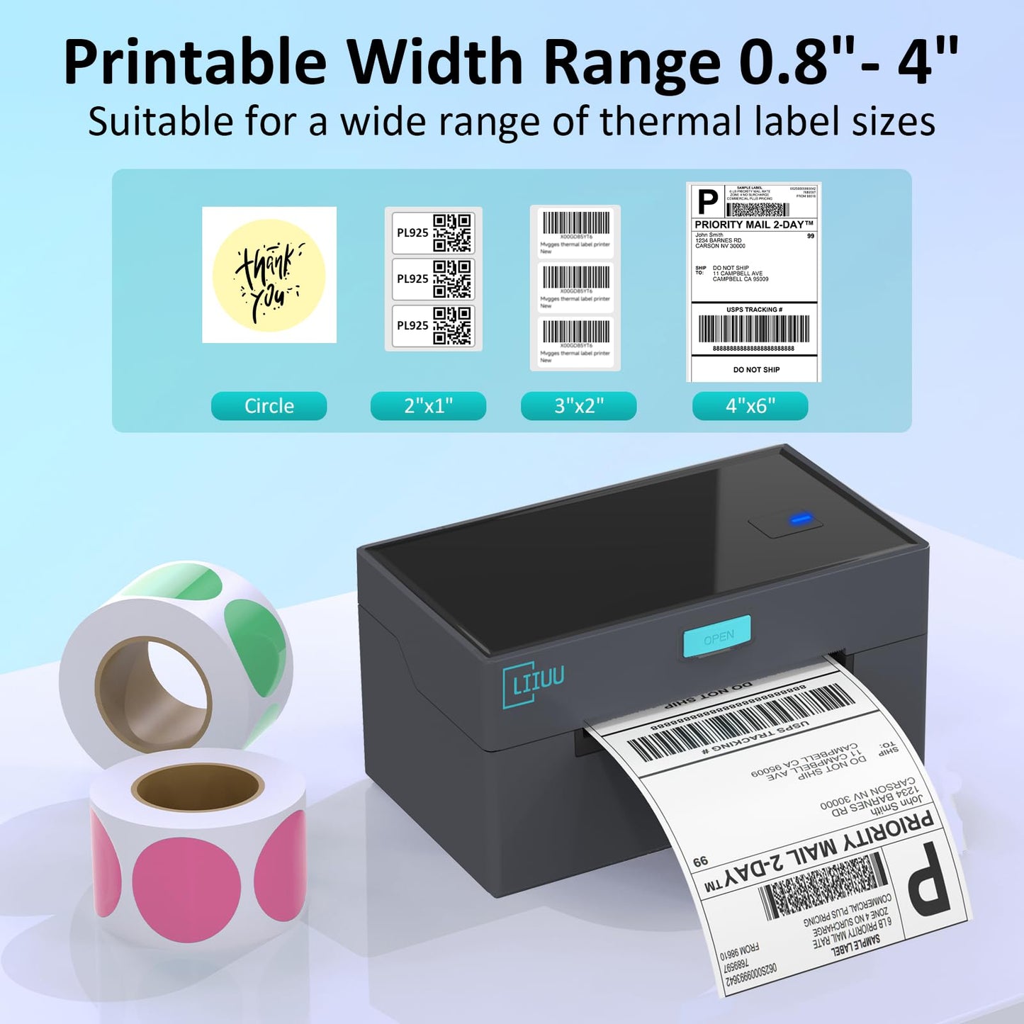 LIIUU Thermal Shipping Label Printer Bluetooth, 4x6 Label Printer for Shipping Packages, Support iOS, iPhone, iPad, Android, Mac and Windows, Widely Used for Amazon, Ebay, Shopify, Etsy, USPS,UPS