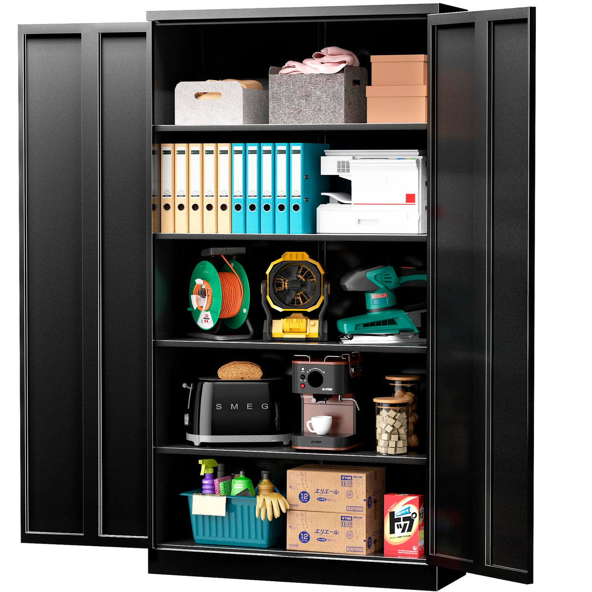 INTERGREAT Metal Garage Storage Cabinet with Lock, 72" H Storage Cabinets with Doors and Adjustable Shelves, Black Lockable Metal Cabinets for Garage, Warehouse, Tool INTERGREAT