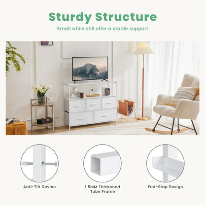 DUMOS TV Stand Dresser for Bedroom with 5 Fabric Drawer,Entertainment Center for 45 inch Television, Media Console Table with Storage, Open Shelf, Adjustable Feet, Living Room Furniture, White