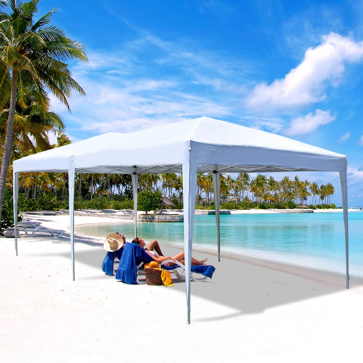 Easyzon 10'x20' Ez Pop Up Canopy Tent Commercial Instant Portable Folding Market Shelter Ez-up Canopies Outdoor White Gazebo with 4 SandBags, 6 Stake&Rope Easyzon