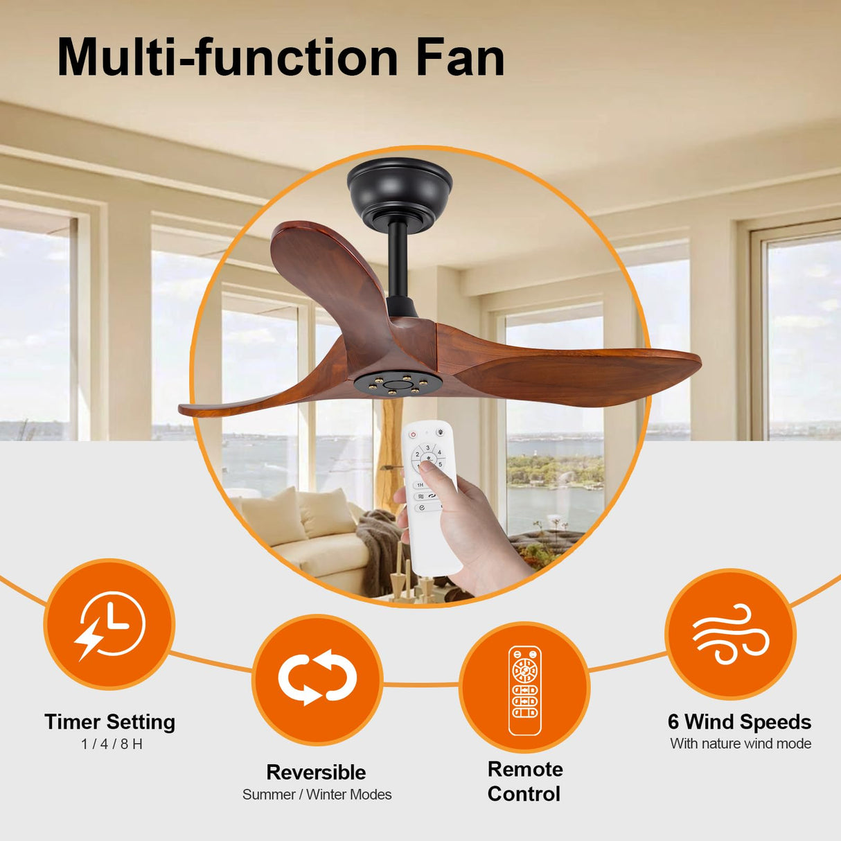 BOJUE 36 Inch Solid Wood Ceiling Fans Without Lights, 6 Speeds,Reversible DC Motor, Noisless, Black Ceiling Fan No Light, Modern Indoor Outdoor Ceiling Fan with Remote for Patio Living Room Bedroom BOJUE