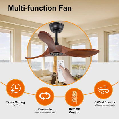 BOJUE 36 Inch Solid Wood Ceiling Fans Without Lights, 6 Speeds,Reversible DC Motor, Noisless, Black Ceiling Fan No Light, Modern Indoor Outdoor Ceiling Fan with Remote for Patio Living Room Bedroom