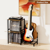 YAKANJ End Table with Guitar Stand,Record Player Stand,Vinyl Records Storage,2-Tier Guitar Stand for Acoustic, Electric Guitar,Bass,Turntable Stand Side Table for Music Room Studio Living Room-Brown YAKANJ