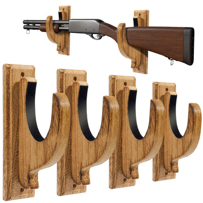 iFeelonely Gun Rack Wall Mount，4 Pack Gun Racks for Wall Shotgun Hooks Gun Wall Mount Indoor Gun Racks Rifle Wall Mount Wooden Gun Cabinets Stand Display Shelf Brown