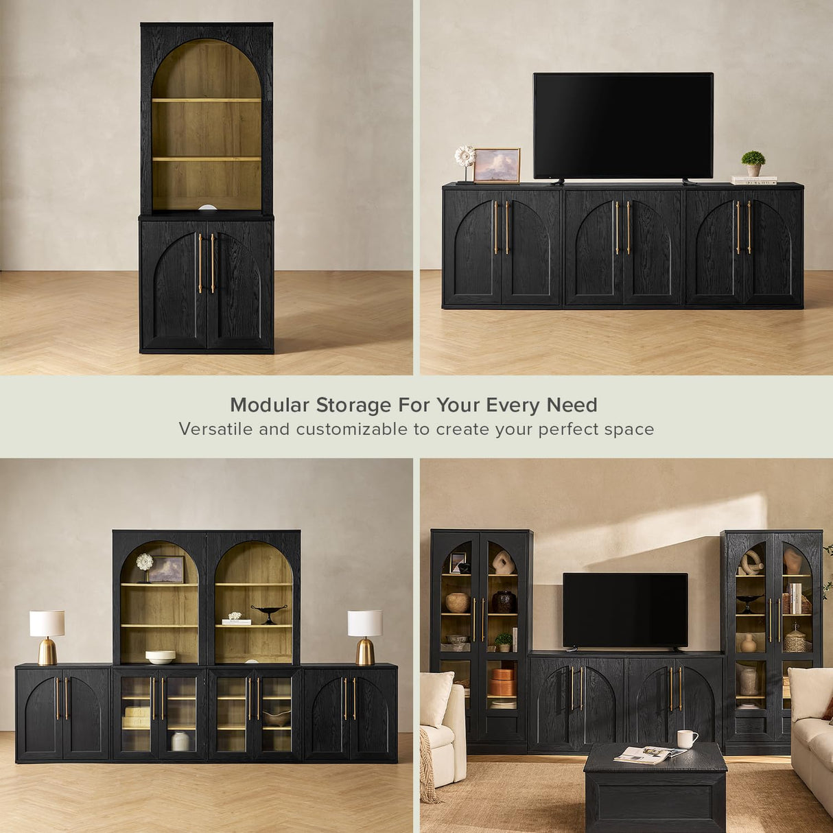 mopio Blake Storage Cabinet with Hutch, Sideboard Buffet Cabinet with Storage, Kitchen Pantry Organizer, Coffee Bar Station, Trophy Display Case with Door & Shelf for Living Room (Black Oak Arched) mopio