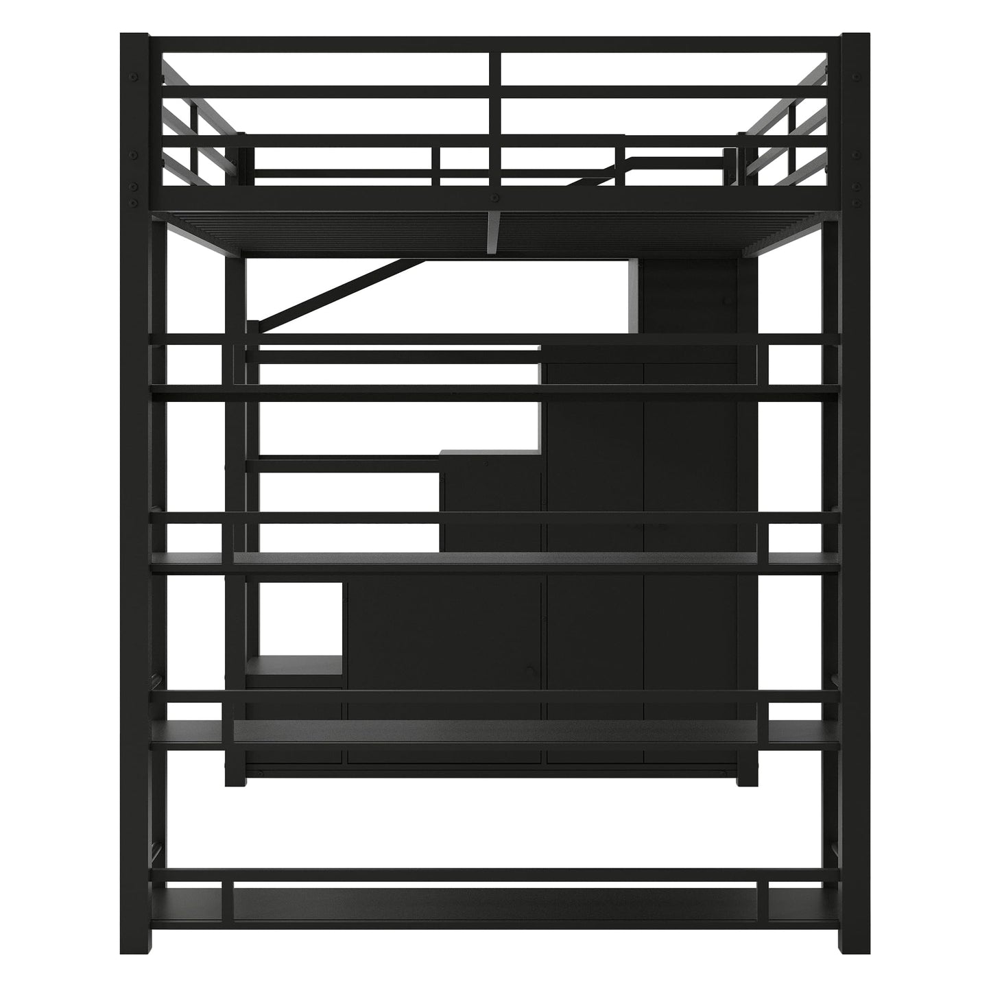 SOFTSEA Full Size Loft Bed with Storage Stairs, Full Metal Loft Bed with Wardrobe, Shelves, Cabinets and Wardrobe for Adults, Stairway Loft Bed Heavy Duty with Storage Steps for Kids Teens, Black