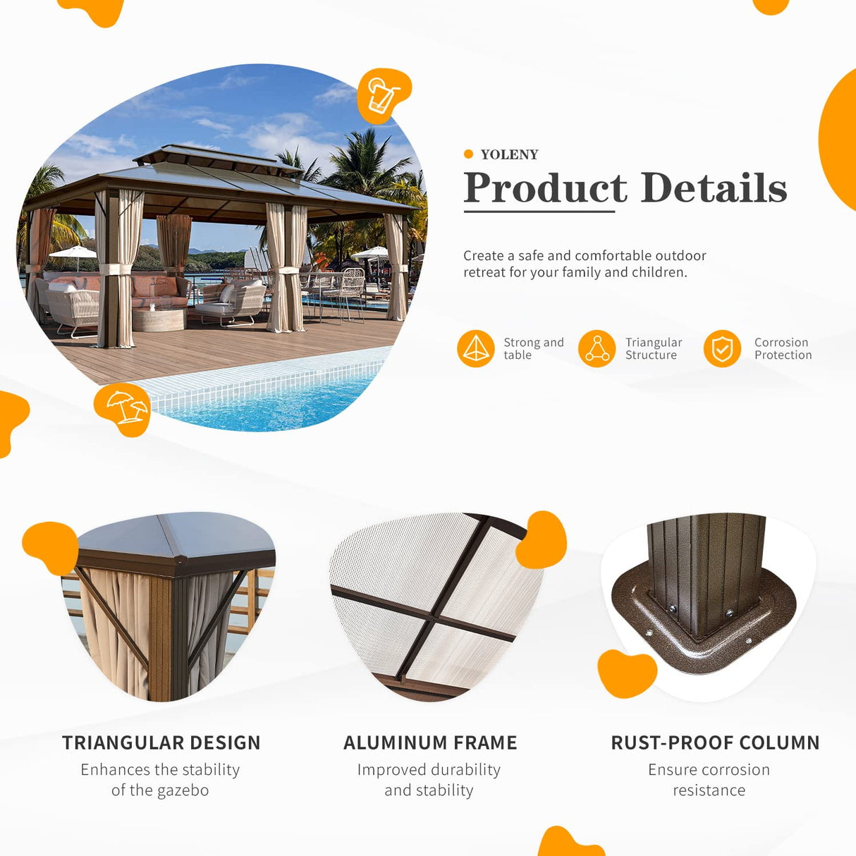 YOLENY 12'x20' Hardtop Gazebo, Outdoor Polycarbonate Double Roof Canopy, Aluminum Frame Permanent Pavilion with Curtains and Netting, Sunshade for Garden, Patio, Lawns YOLENY