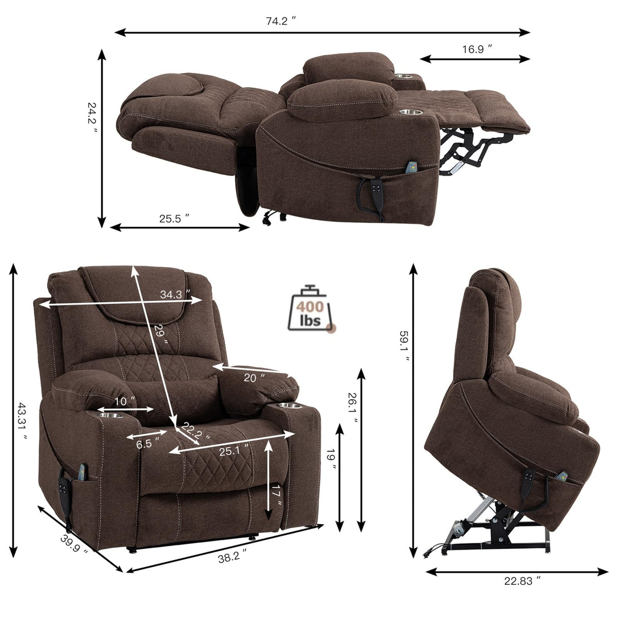 LITVZ 180 Degrees Lay Flat Lift Recliner Chair with Heat and Massage, Dual Motor Infinite Position Electric Power Lift Recliners for Elderly, Big Man Up to 400 LBS, Seniors, White LITVZ