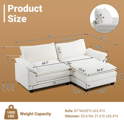 VINGLI 87" Convertible Sectional Sofa,L-Shaped Deep Seat Sofa Couch for Living Room,Modern 2-Seat Loveseat Sofa with Ottoman for Small Space(Creamy White, 87")