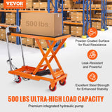 VEVOR Hydraulic Lift Table Cart, 500lbs Capacity 28.5" Lifting Height, Manual Single Scissor Lift Table with 4 Wheels and Non-Slip Pad, Hydraulic Scissor Cart for Material Handling, Orange VEVOR