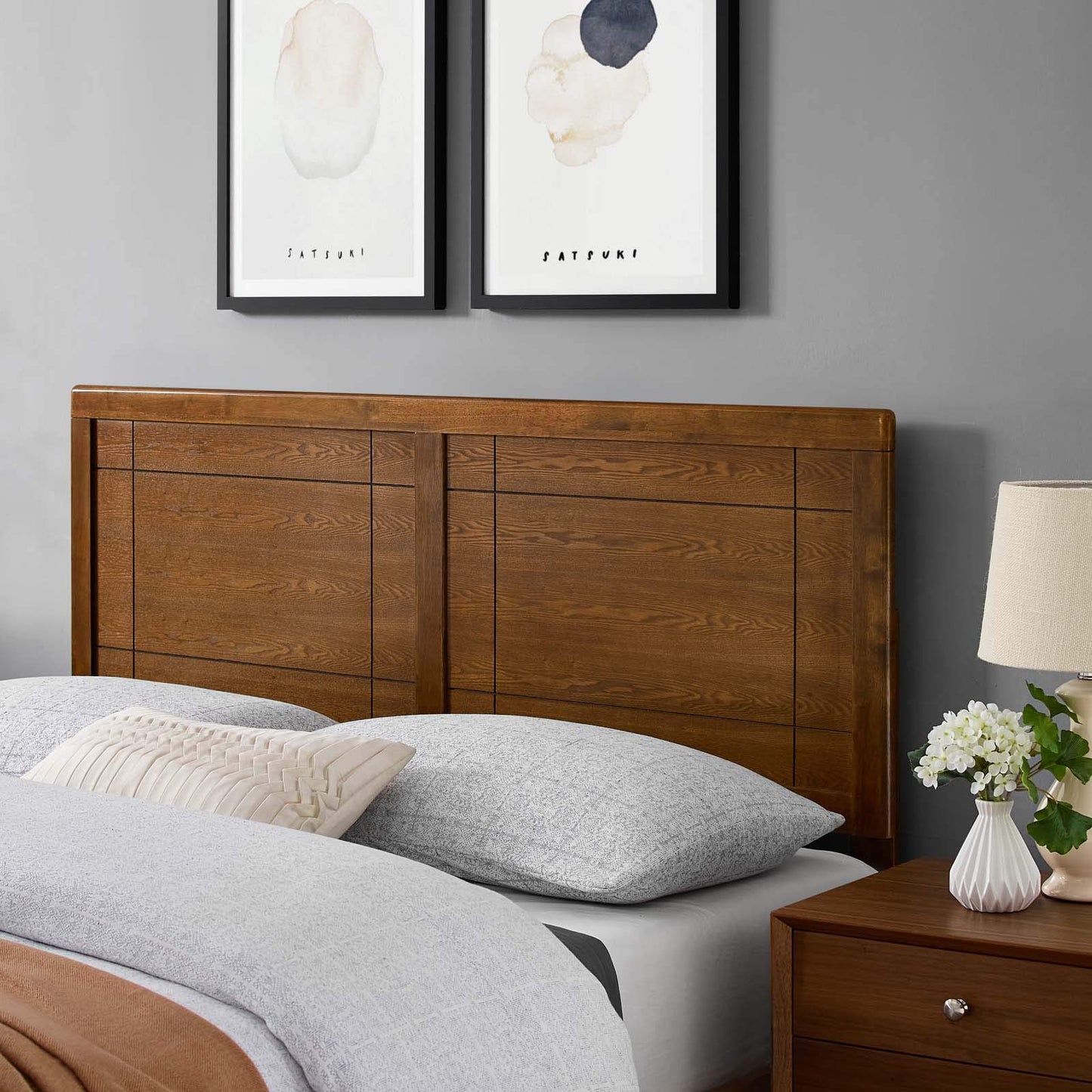 Modway Archie King Wood Headboard with Window Pane Design - Walnut - WoodArtSupply