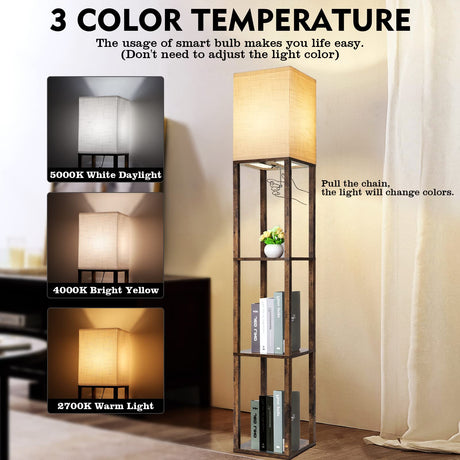 RUNTOP Floor Lamp with Shelves, Modern Shelf Lamp for Display Storage, 3 Color Temperature Wood Narrow Standing Corner Lamp with 8W Bulb for Living Room Decor, Bedroom, Office, Home Decor(Brown) RUNTOP