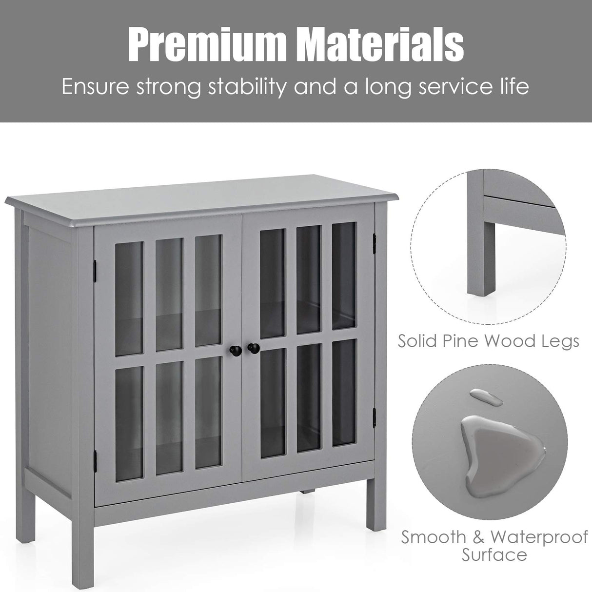 Tangkula Sideboard Buffet Storage Cabinet, with 2 Glass Doors, Liquor Curio Cabinet for Home Kitchen Dining Room, Cupboard Console Table (Grey) Tangkula