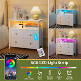 Yoobure Night Stand with Charge Station, Nightstand with 4 Drawers Bedside Table, LED Dresser with Storage Shelf, Night Stands for Bedroom, Side Table 3-Tier Wood End Table for Home, Office White Yoobure