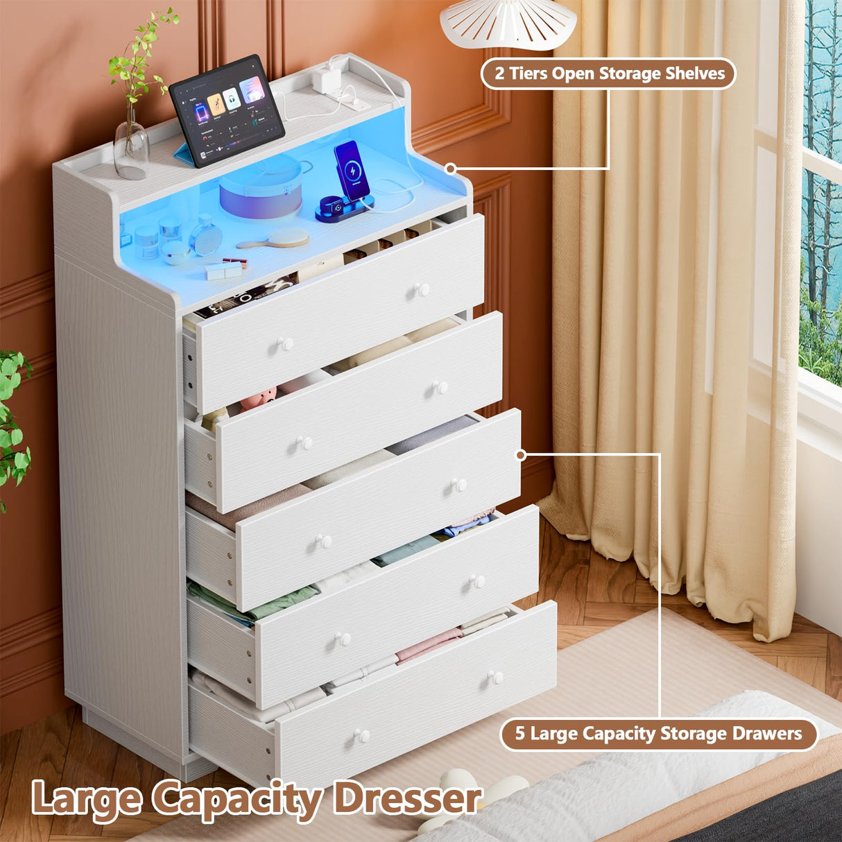 Furnulem Tall Chest of Drawers for Bedroom,5 Drawer Dresser with Charging Station and LED Light,Wood Deep Slide Drawer for Clothes,Blanket in Living Room, Closet,Entryway,White Dresser Furnulem
