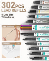 Nicpro 36PCS Blocky Gear Mechanical Pencil Set with Case, Metal Mechanical Pencils 0.3, 0.5, 0.7, 0.9, 2mm Lead Holder for Art Drawing Sketching with 21 Tubes (6B 4B 2B HB 2H 4H Colors) Lead Refills Nicpro