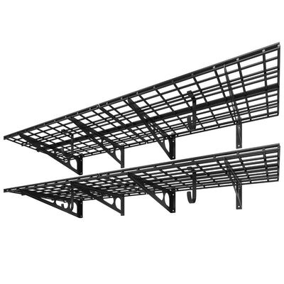 FLEXIMOUNTS 2-Pack 2x6ft Garage Shelving with Hooks 24-inch-by-72-inch Wall Shelf Garage Storage Racks Floating Shelves, Black