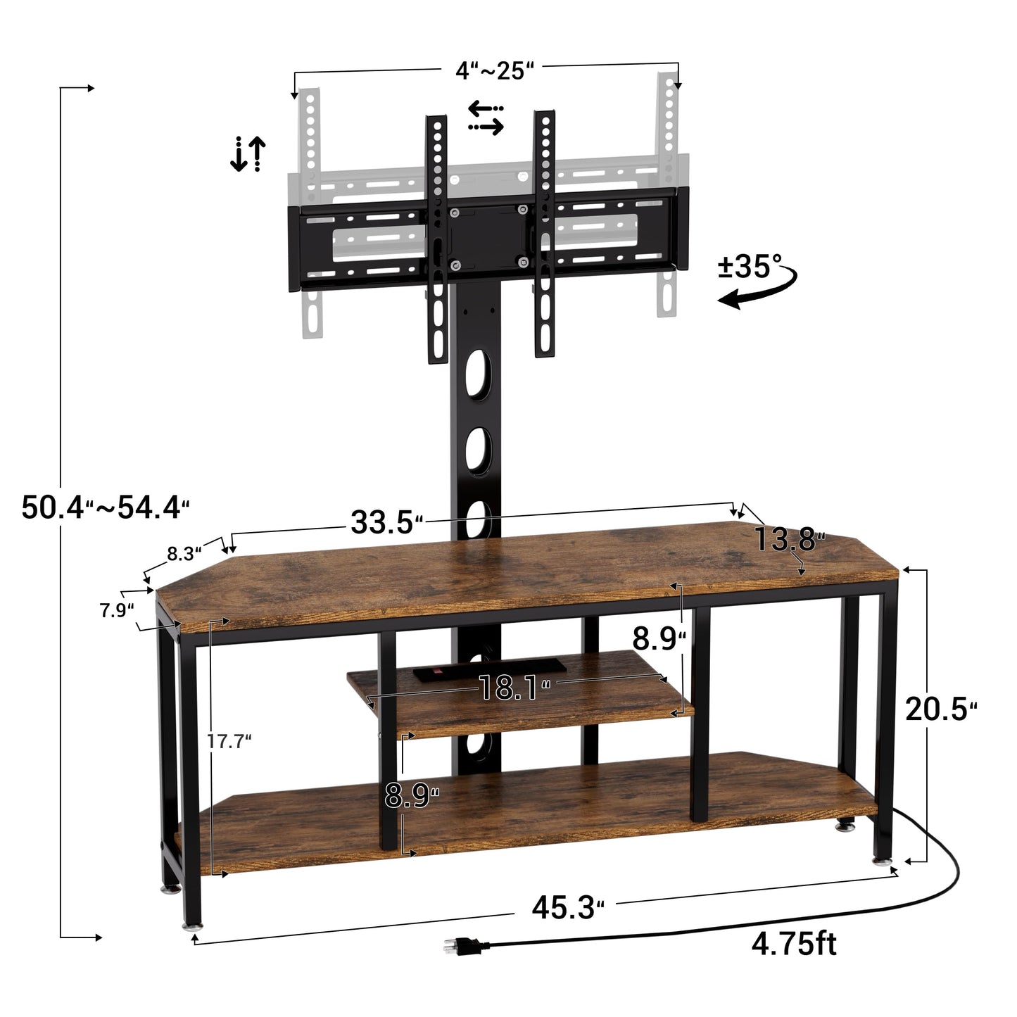 BACEKOLL TV Stand with Mount and LED Light, Corner TV Stand with Storage and Power Outlet, Swivel Television Stand Console for TV Up to 60", Entertainment Center for Living Room, Bedroom, Rustic Brown