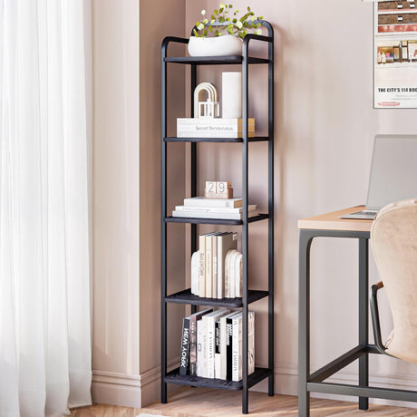 Hzuaneri Bookcase Bookshelf, Narrow Book Shelf, Industrial Corner Shelf Storage Organizer, Slim Shelving Unit for Home Office, Living Room, Bedroom, Kitchen, 5-Tier Black BC24504B Hzuaneri
