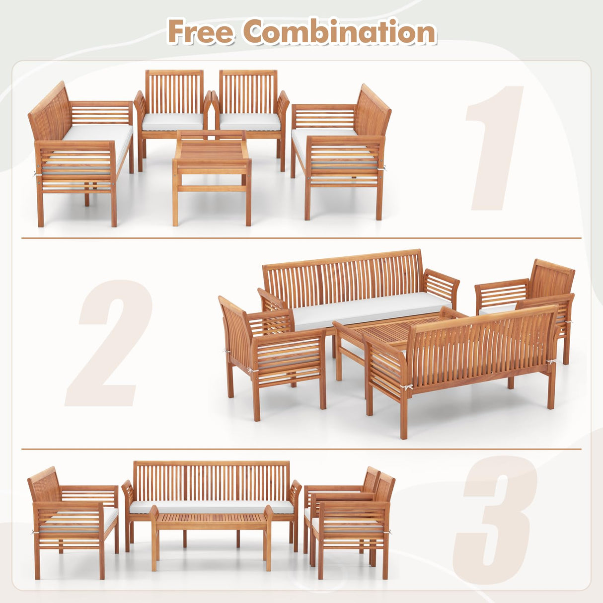 Tangkula 5 Piece Patio Furniture Set, Acacia Wood Conversation Set with 3-Seat Bench, Loveseat, 2 Armchairs & Coffee Table, Cushioned Outdoor Chair Set for Porch, Balcony (Off White) Tangkula