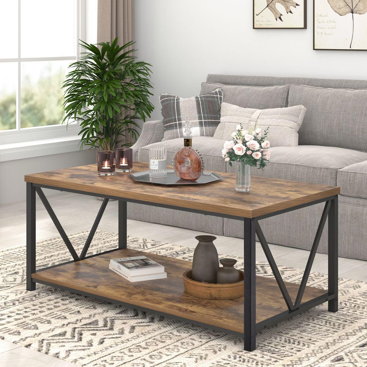 EXCEFUR Modern Coffee Table, Industrial Metal and Wood Living Room Table with Storage Shelf, Rustic Brown EXCEFUR