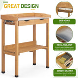 Outvita Outdoor Garden Potting Bench Table Work Bench with 2 Drawer, Storage Shelf, Metal Tabletop, 3 Hooks for Horticulture, Natural Wood Outvita
